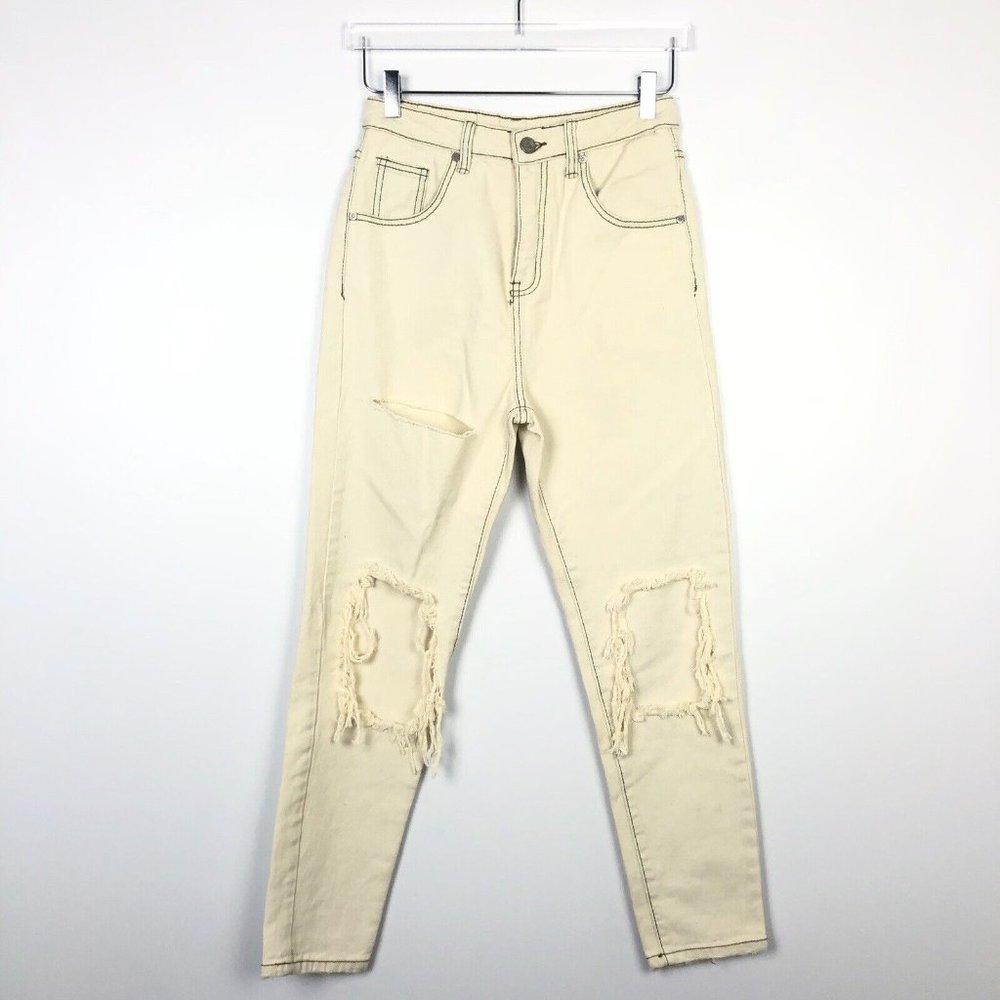 NWOT Unif Sz 25 Cream Off White High Waist Distressed Jeans Tapered Straight Leg